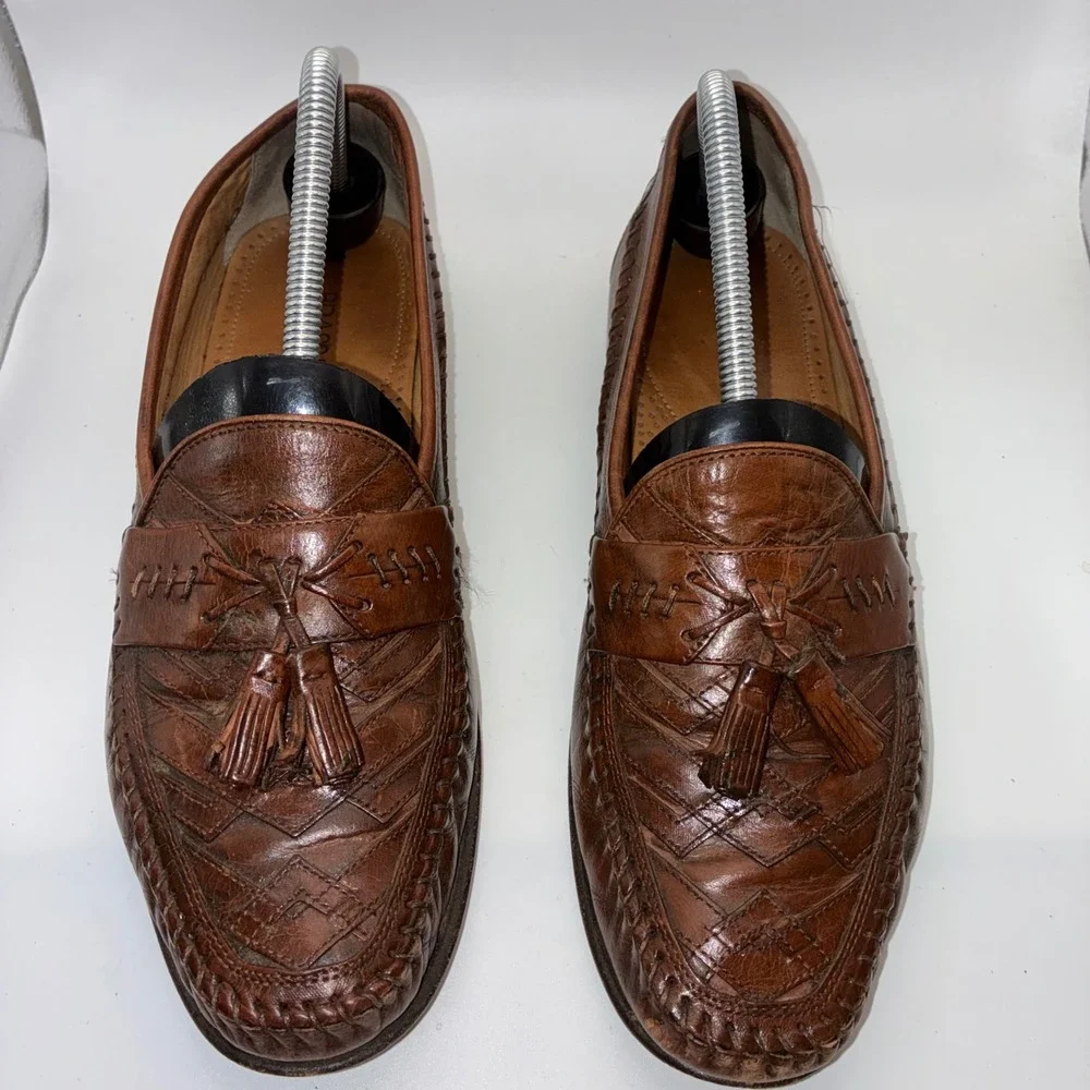 Brass Boot Mens Brown Leather Woven Tassel Loafers Made in Italy‎ Size 9 M